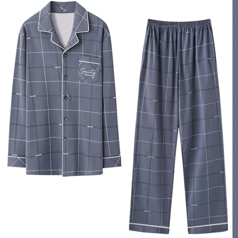 Men pajamas cotton long-sleeved summer section of the teenagers imitation cotton home wear suit 2024 new grey plaid pajamas