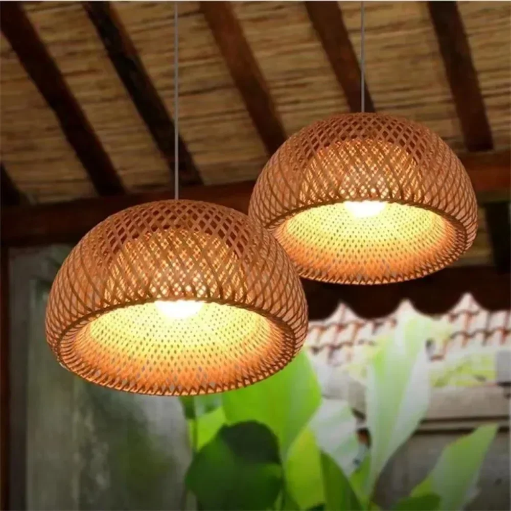 38/45cm Hand Knitted Hanging Chandeliers Chinese Style Weaving Bamboo Pendant Lamp Restaurant Home Decor E27 Lighting Fixtures