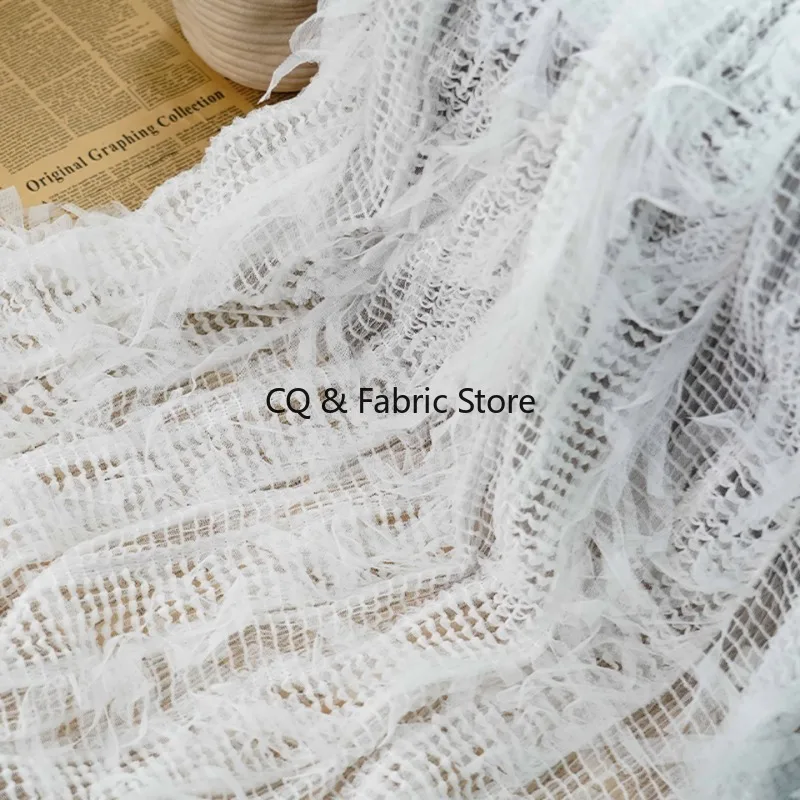 Tassels Striped Lace Mesh Fabric with Elastic Embroidery for Women's Puffy Skirt Dressmaking Designer Fabric