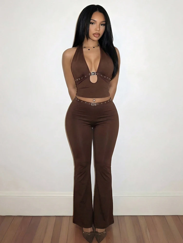 Y2K Street Fashion Loungewear Damen-Sets: Nietenbesetztes Neckholder-Crop-Top und Schlaghose, Zweiteiliges Set, Passende Outfits – Detail 1