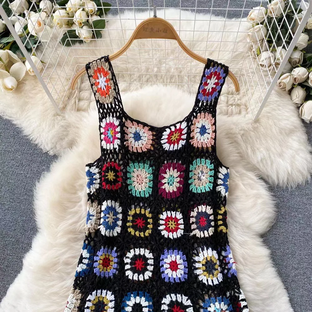 New Bohemian Hollowed-Out Fringe Vest Boho Dress Summer Women\'s Small Loose Knit Skirt