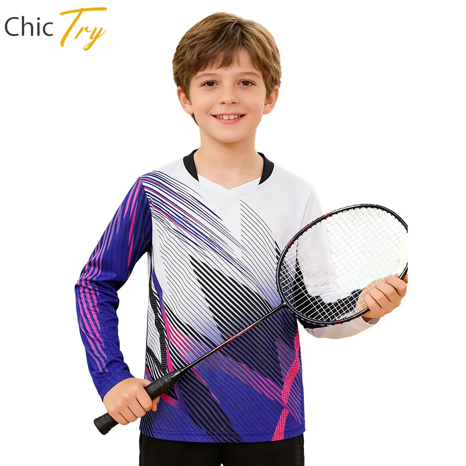 

Kids Boys Football Basketball Badminton Tops Quick-Drying Long Sleeves Soccer Jersey Stylish Printed T-shirt Gym Yoga Sportswear