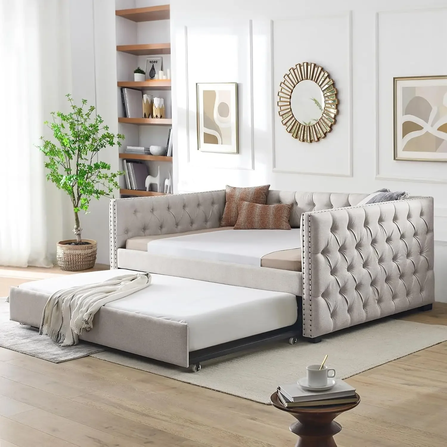 Daybed with Trundle, Modern Upholstered Full Size Button-Tufted Sofa Bed Frame with A Roll-Out Trundle, No Box Spring Needed