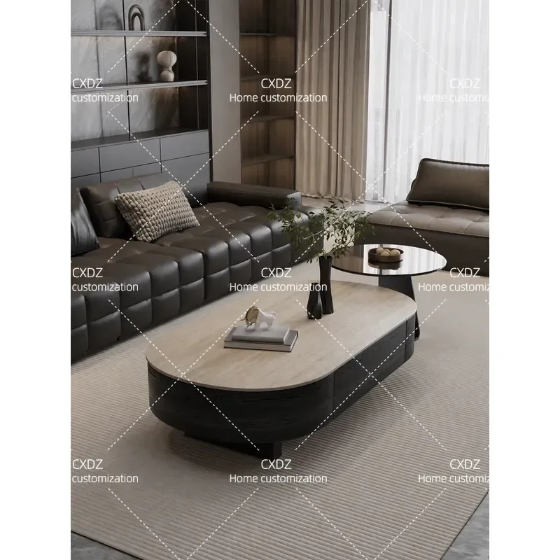 2025 New Modern Simple Oval Cave Stone Slab Coffee Table Living Room Light Luxury Storage Coffee Table Combination Home
