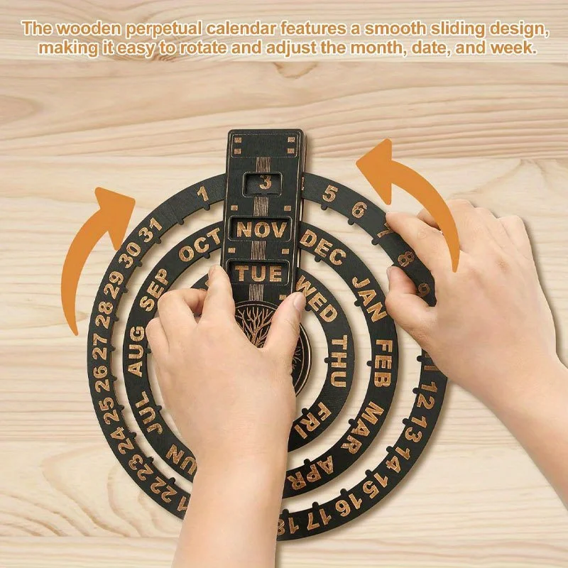 1Pc Wall-Mounted Round Wooden Perpetual Calendar, Rotatable Wall Art Decor for Home Office, Date & Reminder Planner