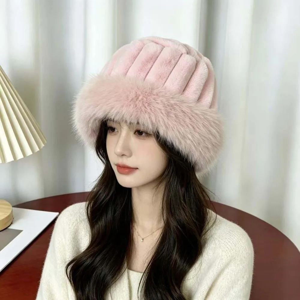 Vertical Texture Striped Fur Hat Fleece Lining Windproof Puffy Bucket Cap Faux Fur Brim Solid Color Trapper Hats Women