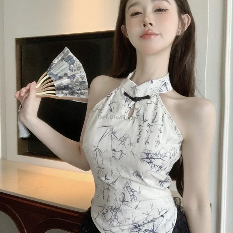 

2025 новый китайский ретро-модный стиль с принтом Cheongsam на пуговицах без рукавов с лямкой на шее для женщин, жилет Ципао с неровным подолом