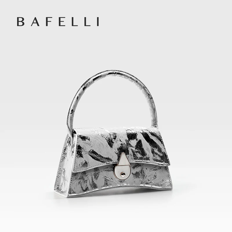 SILVER GENUINE LEATHER BAFELLI ORIGINAL HANDBAG 2024 FASHION CROSSBODY NEW WOMEN'S BAG LUXURY STYLISH EVENING PARTY CASUAL PURSE