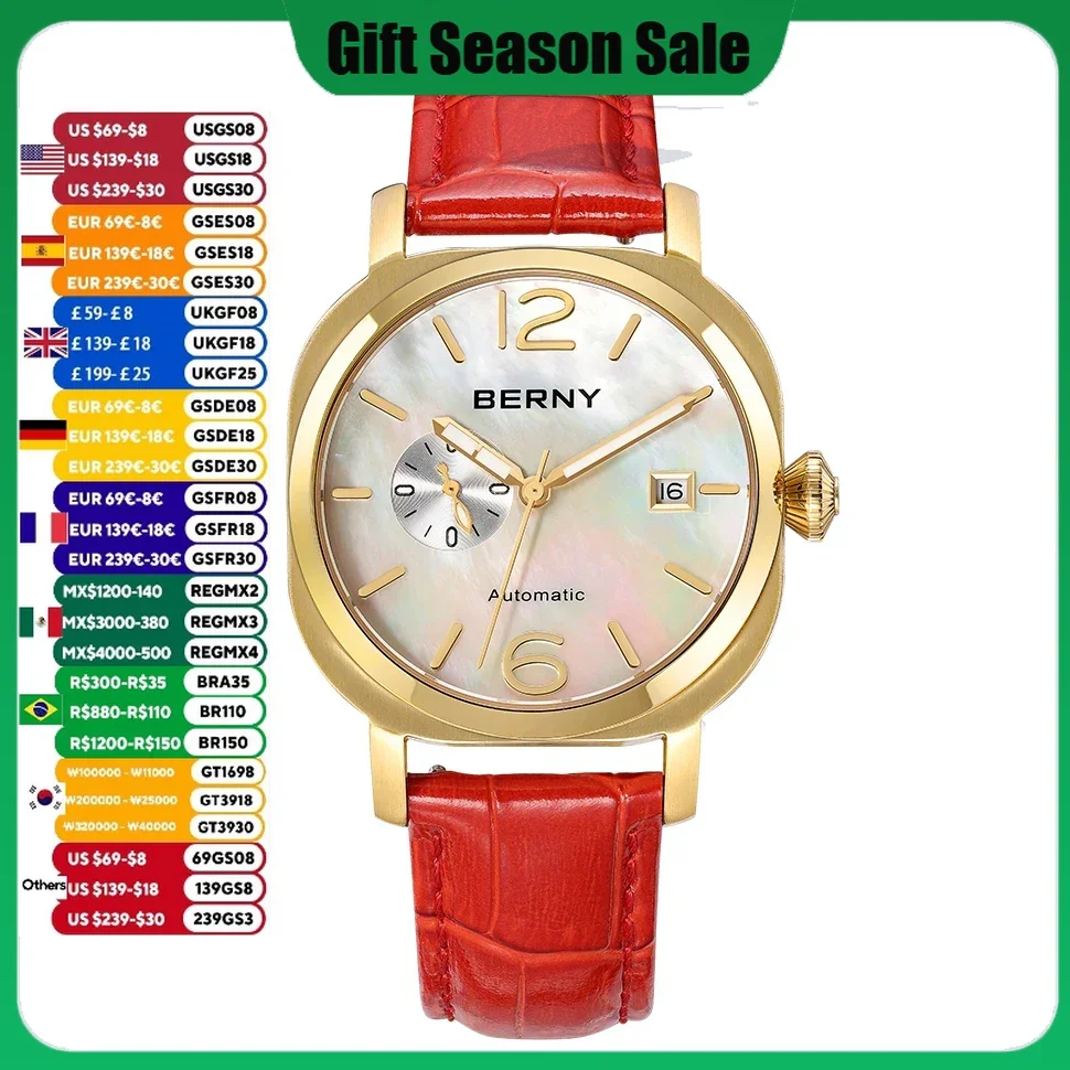 Berny damen mechanische armbanduhr saphir echtes leder miyota 8217 automatische luxus frauen uhr leuchtend 5atm wasserdicht