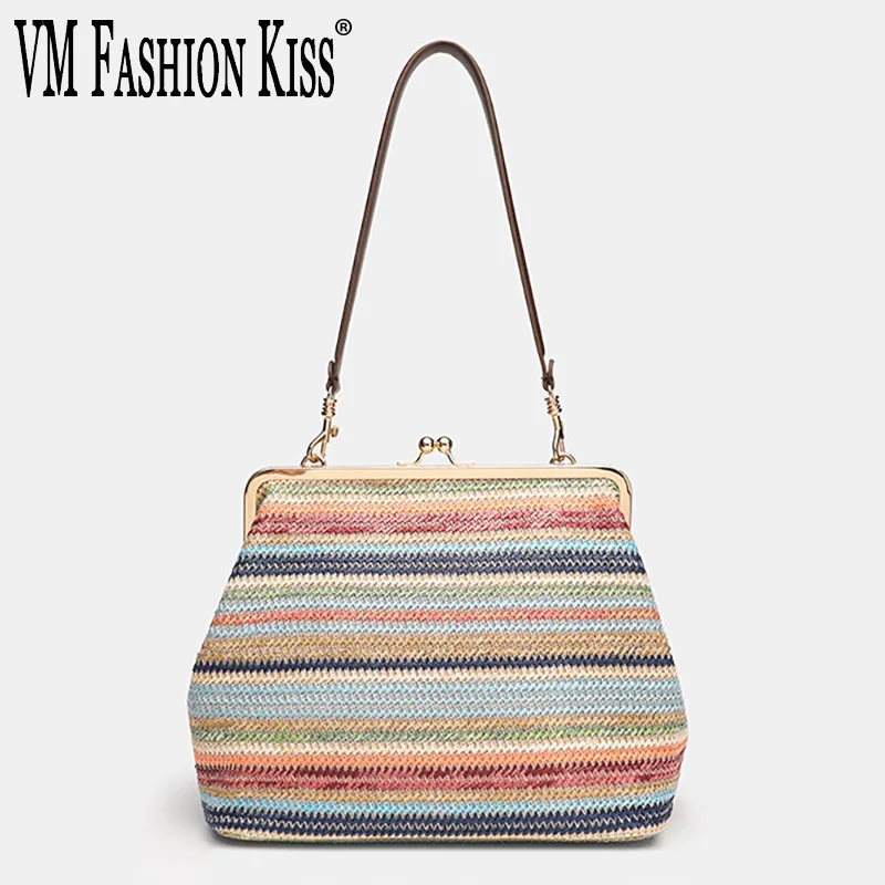 Colorful Striped Straw Shoulder Bag Summer Bohemian Trend Frame Large Kisslock Clutch Bag For Women Vacation Travel Beach Bag