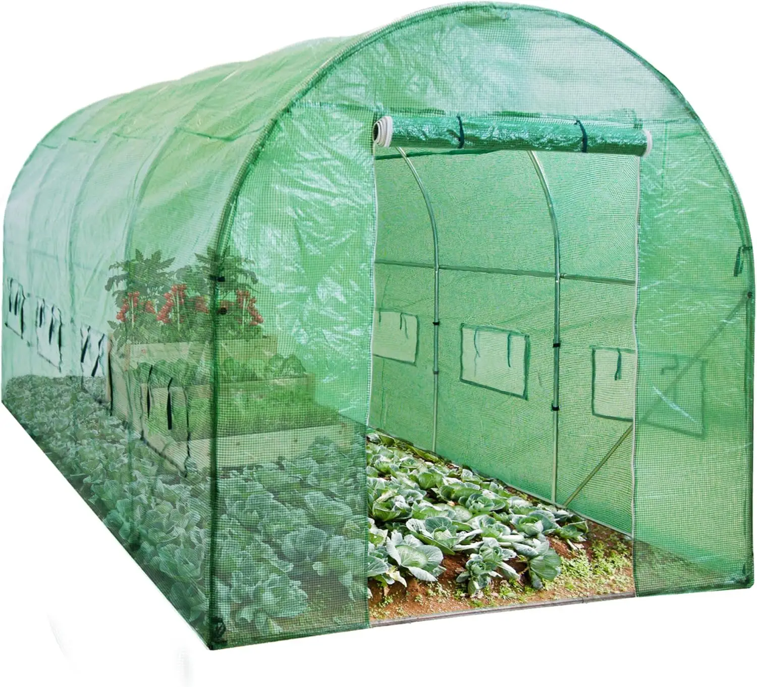 

15x7x7ft Walk-in Greenhouse Tunnel, Garden Accessory Tent for Backyard, Home Gardening w/ 8 Roll-Up Windows, Zippered Door