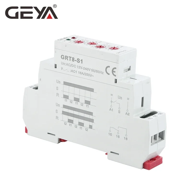 GRT8-S Asymmetric Cycle Timer Relay SPDT 220V 16A  AC/DC12V-240V Electronic Repeat Relay GEYA