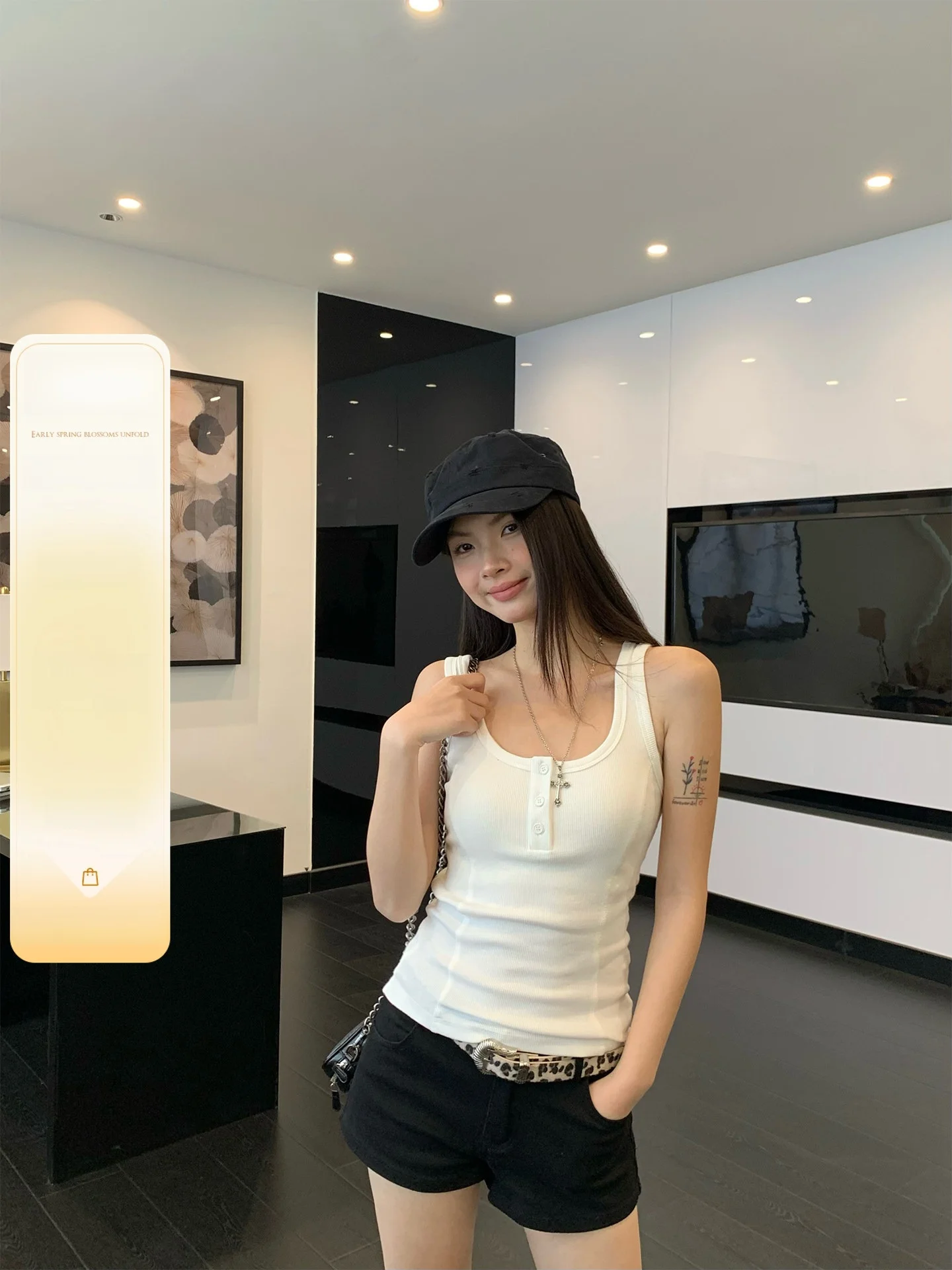 Slim Fit Summer Korean Sle Women's Vest iny White Strap Tank Top Inner Wear Work out Outer Wear Cotton Polyester Blend