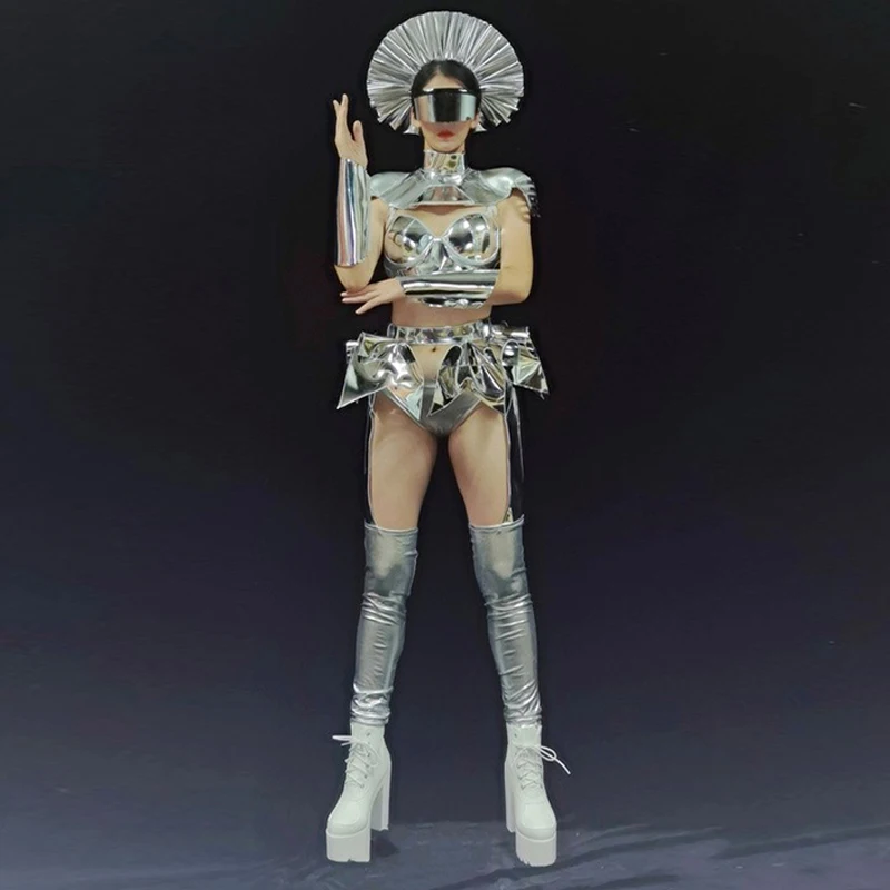 Nightclub Gogo Dancer Costumes Futuristic Silver Armor Pole Dance Clothing Rave Festival Clothing Halloween Dancewear VDB5781