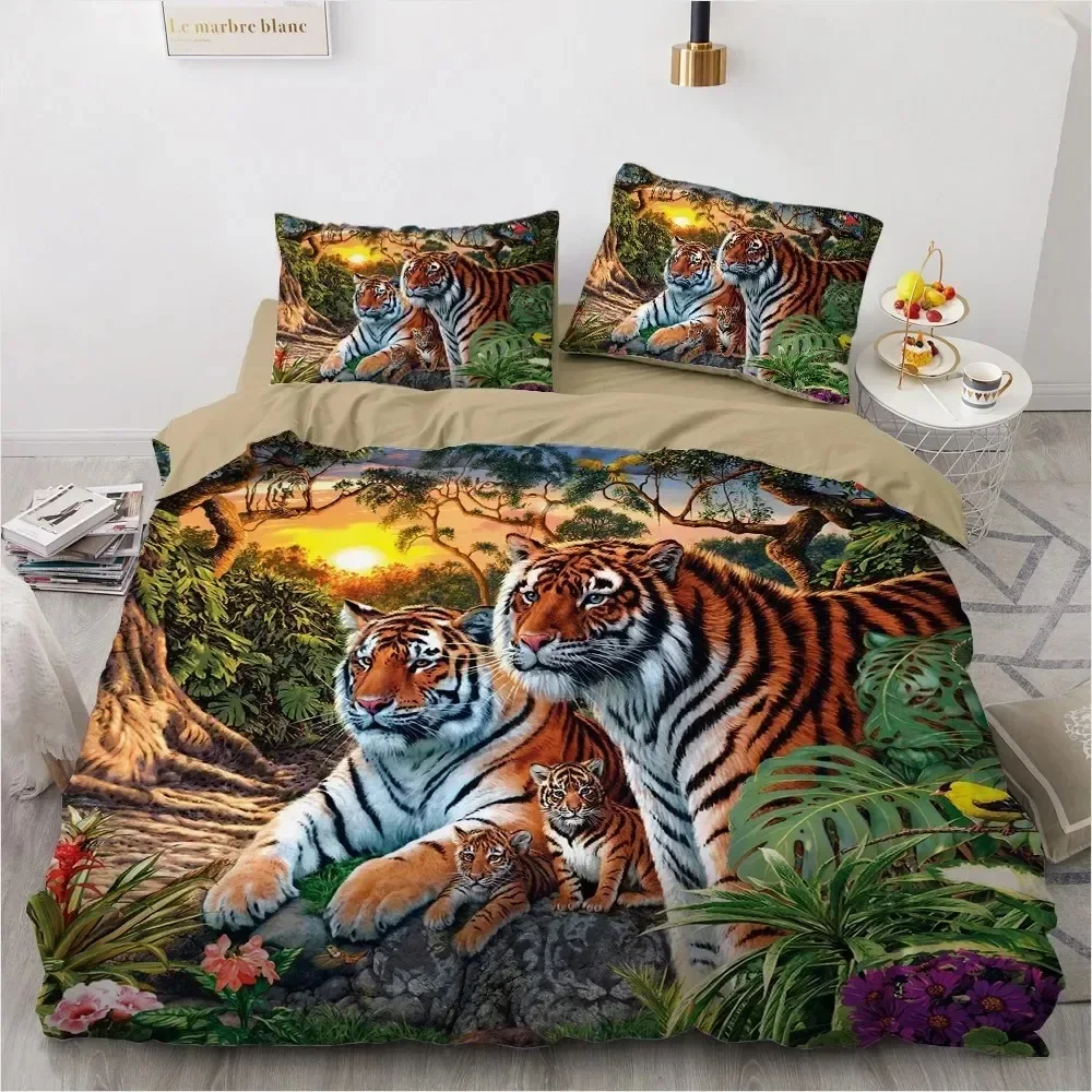 

3D Bedding Set Black Duvet Quilt Cover Set Comforter Cover Pillowcase King Queen Size Animal Tiger Printed Polyester Quilt Cover