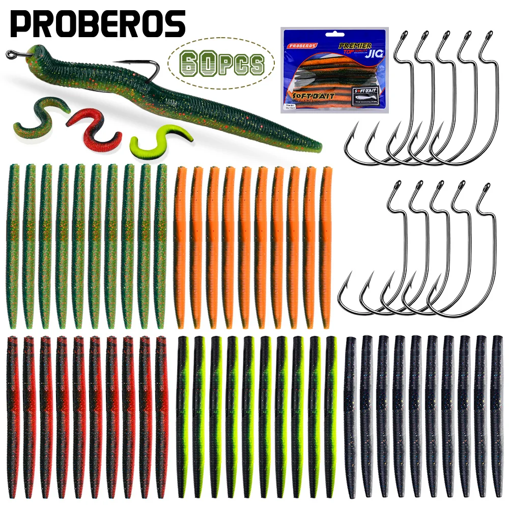 

60 pieces of Proberos freshwater and seawater soft fishing worm bait - multi-color bait for trout/perch fishing