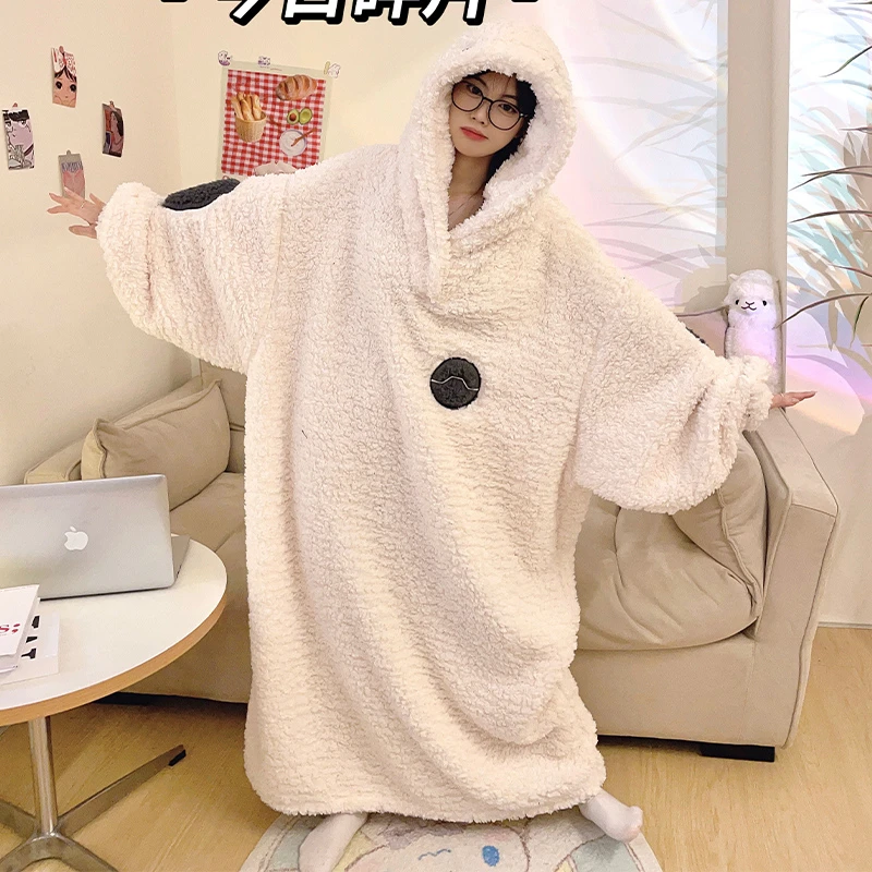 

Winter Women Pajamas Night-robe Women's Cartoon Bear Loose Nightgown Femme Sleepwear Long Sleeve Hooded Pijamas Homewear Clothes