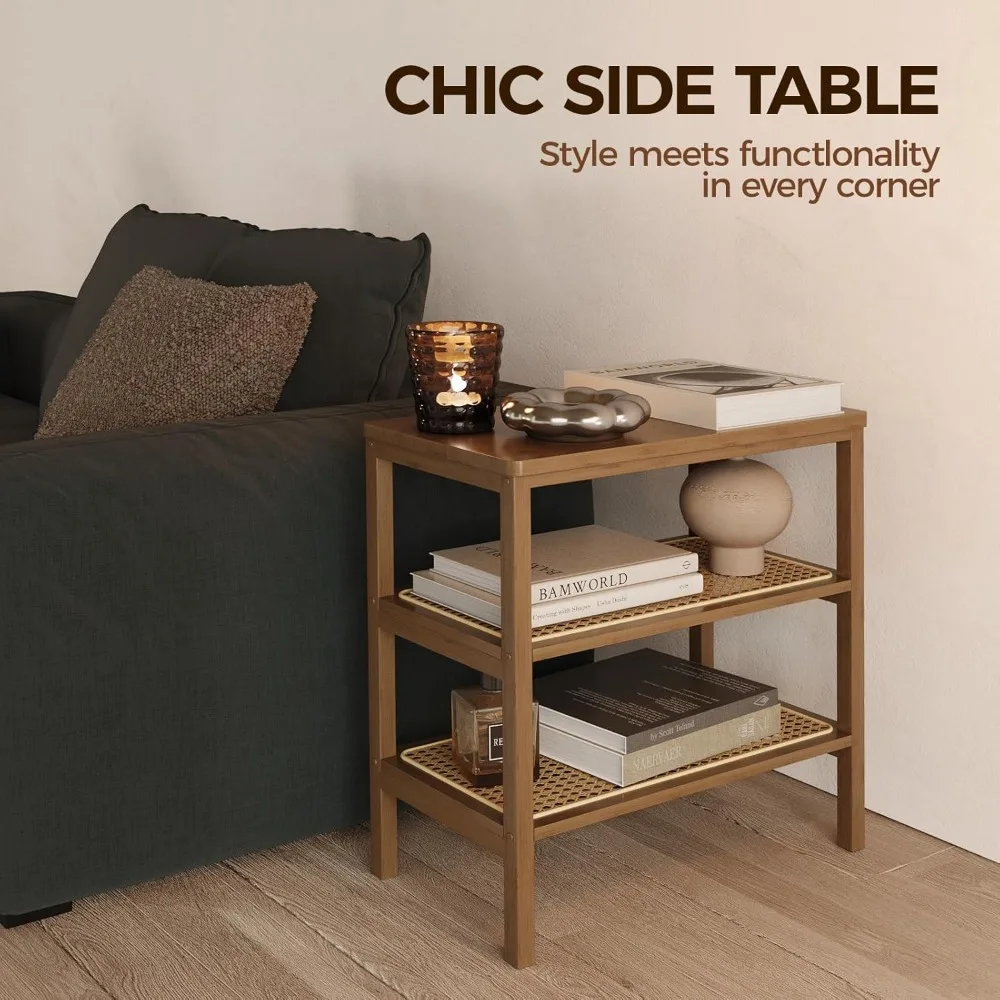 طاولة جانبية من الروطان، طاولة نهاية حديثة لمنتصف القرن، 3 طبقات مع تخزين، طاولة قهوة ضيقة، حامل ليلي بوهو من الخيزران