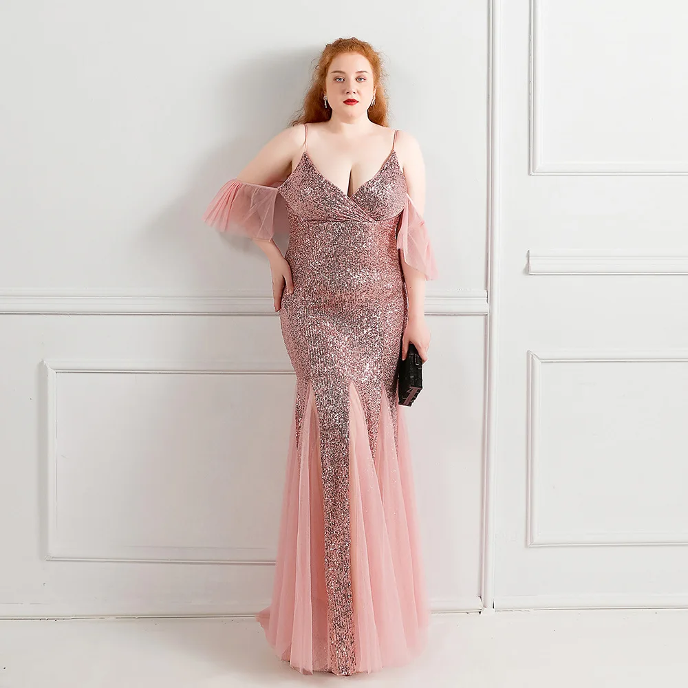 

Charming Pink Mermaid Evening Dress Plus Size Sequined Tulle Spaghetti Straps Sexy Long Formal Gowns For Women Robe De Soiree