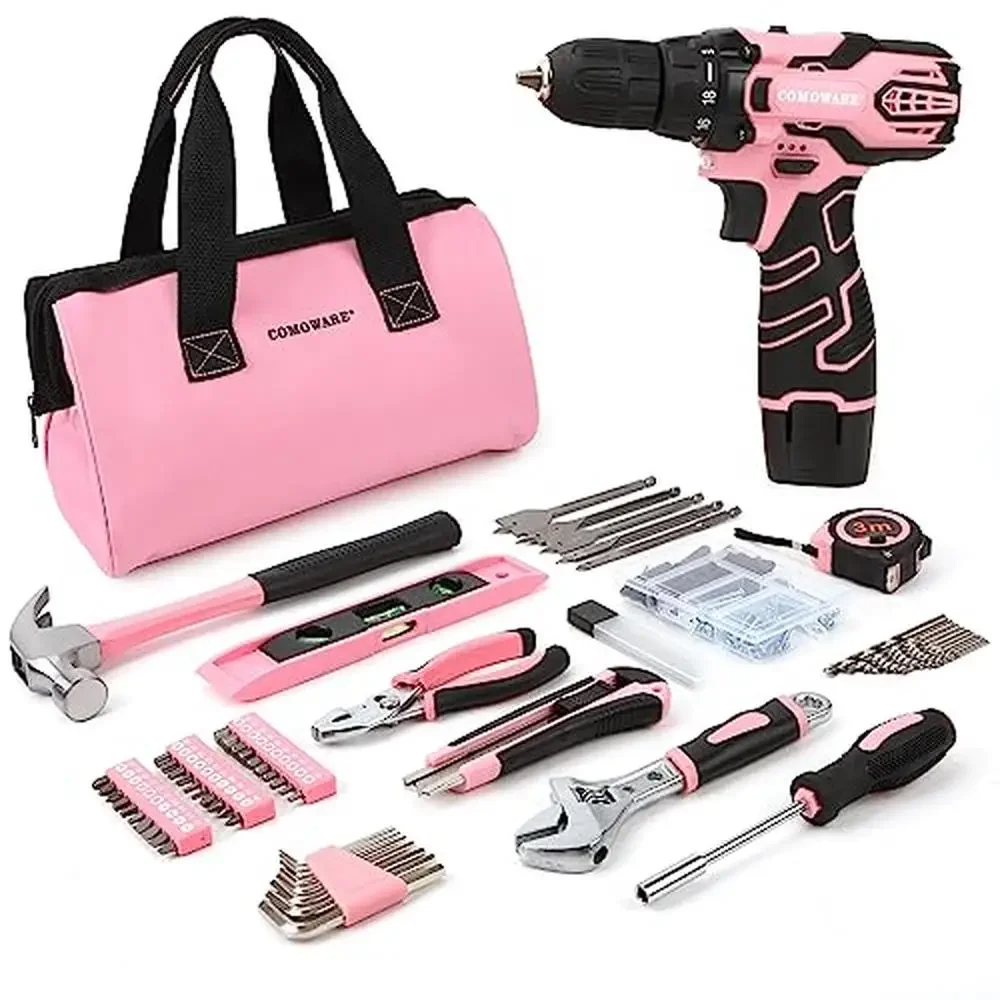 12V Pink Cordless Drill Kit Women's Home Repair Hand Tool Set DIY Large-Capacity Hammer Wrench Bits Storage Bag Alloy Coating