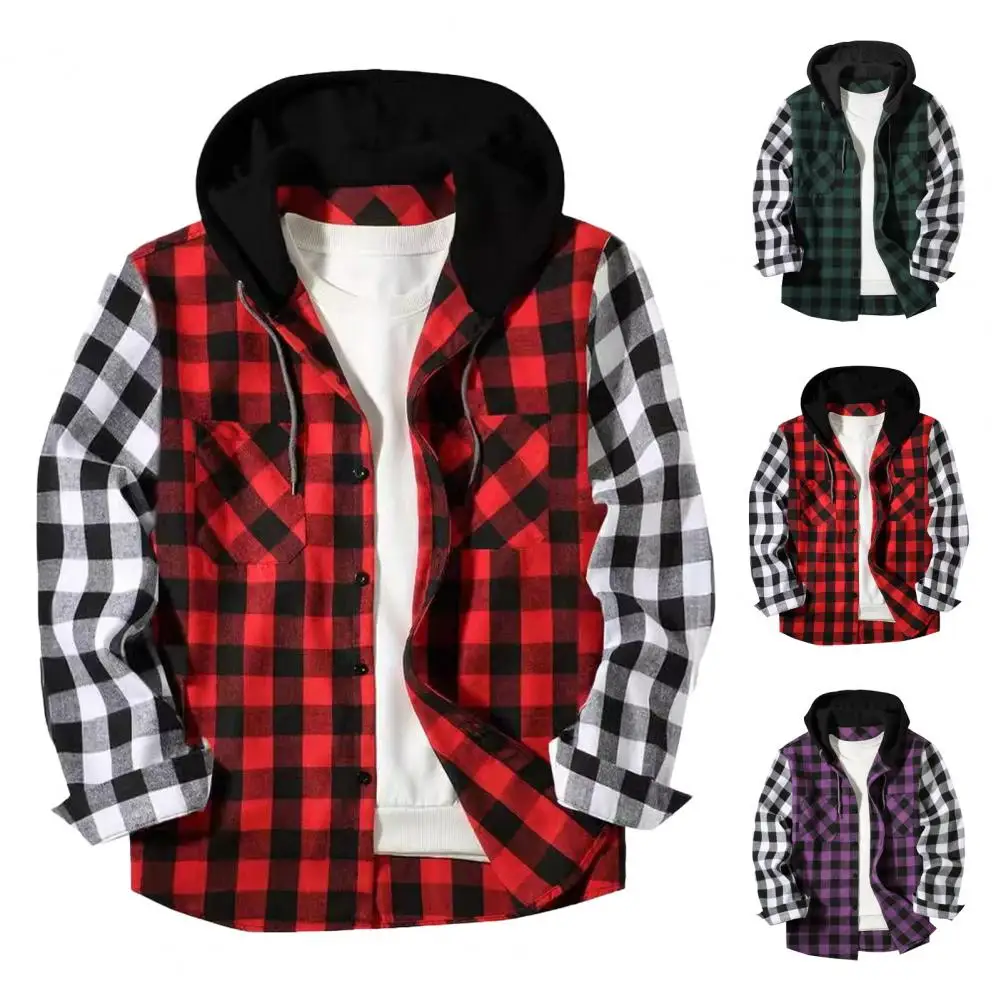 Single-breasted Top Men's Plaid Print Hooded Shirt Coat with Adjustable Drawstring Chest Pocket Contrast Color Jacket for Fall