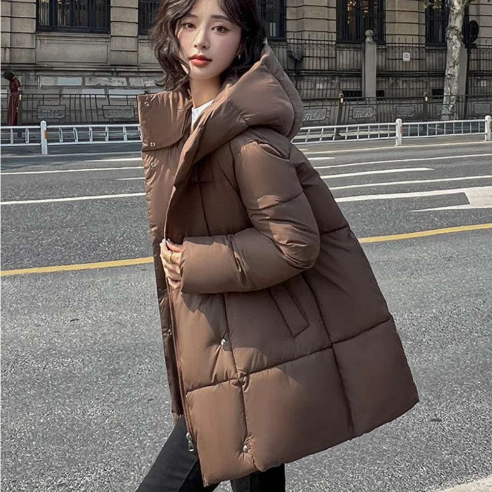 Women\'s Winter Coats New Fashion Collar and Hood Down Jacket 90% White Duck Down Mid-Length Thick Warm Loose Casual Puffer Coat