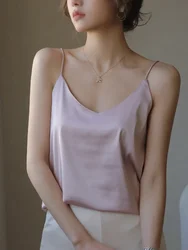 Women Summer Fashion Silk Vest Tanks Women Basic Satin Sling Tops Versatile Solid Loose Sling Camis Female Black Tank Top