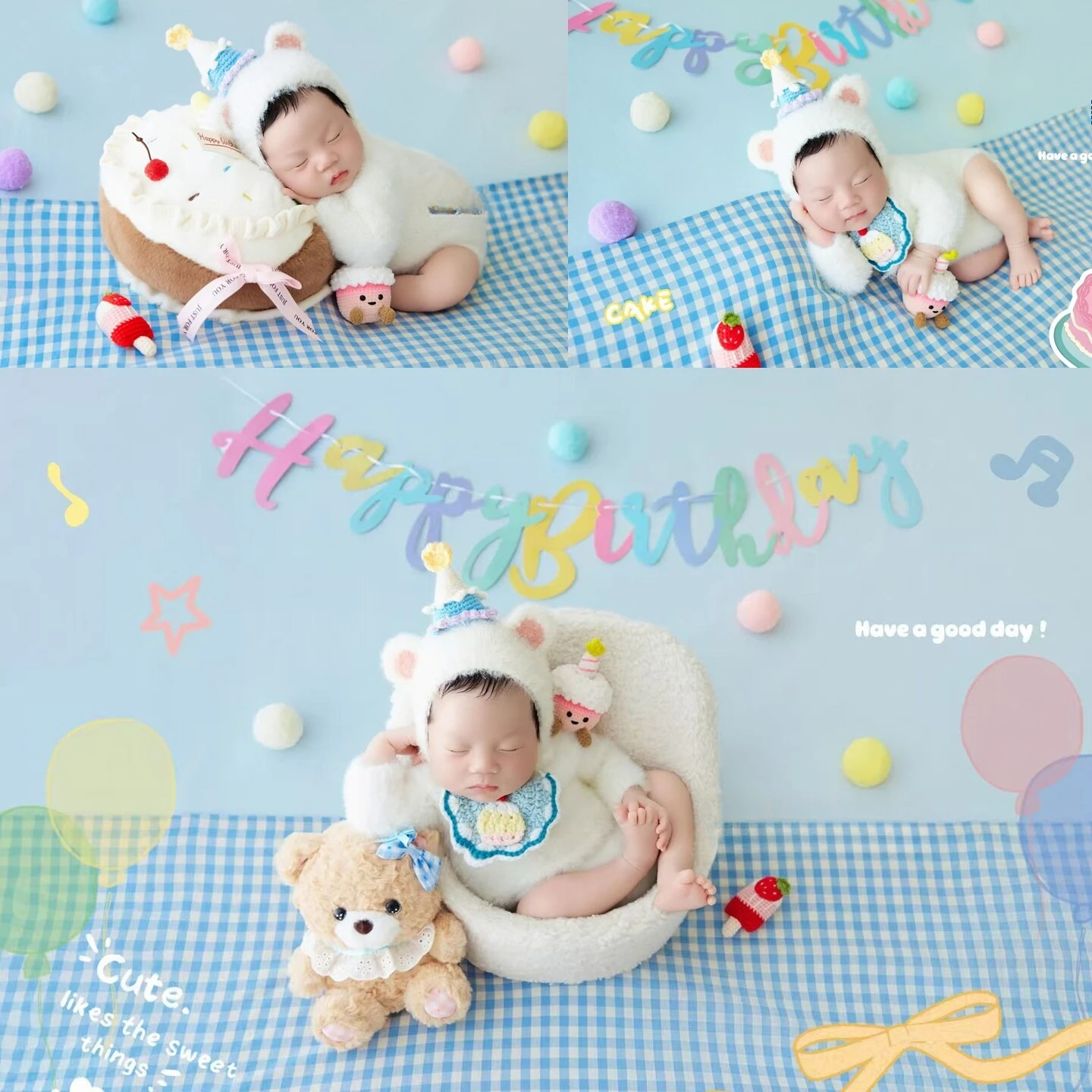 newboron-photography-props-cute-birthday-theme-with-cute-handmade-knitted-outfit-bear-doll-and-posing-big-cake-decor-for-photos