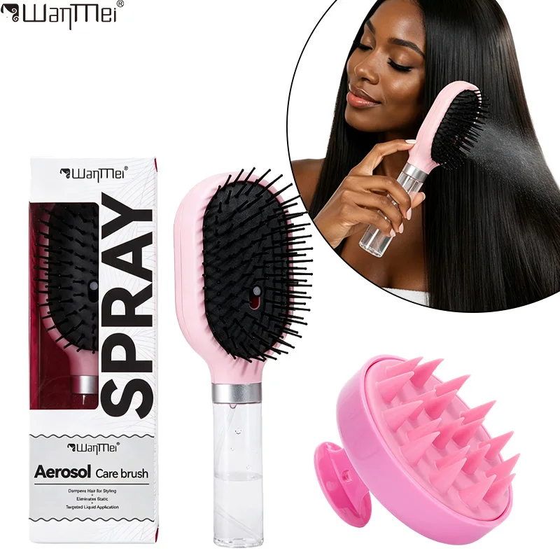 2Pcs Multi-functional Spray Air Cushion Brush Set Fine Mist Sprayer Detangler Comb Silicone Scalp Massage Brush Deep Clean Scalp