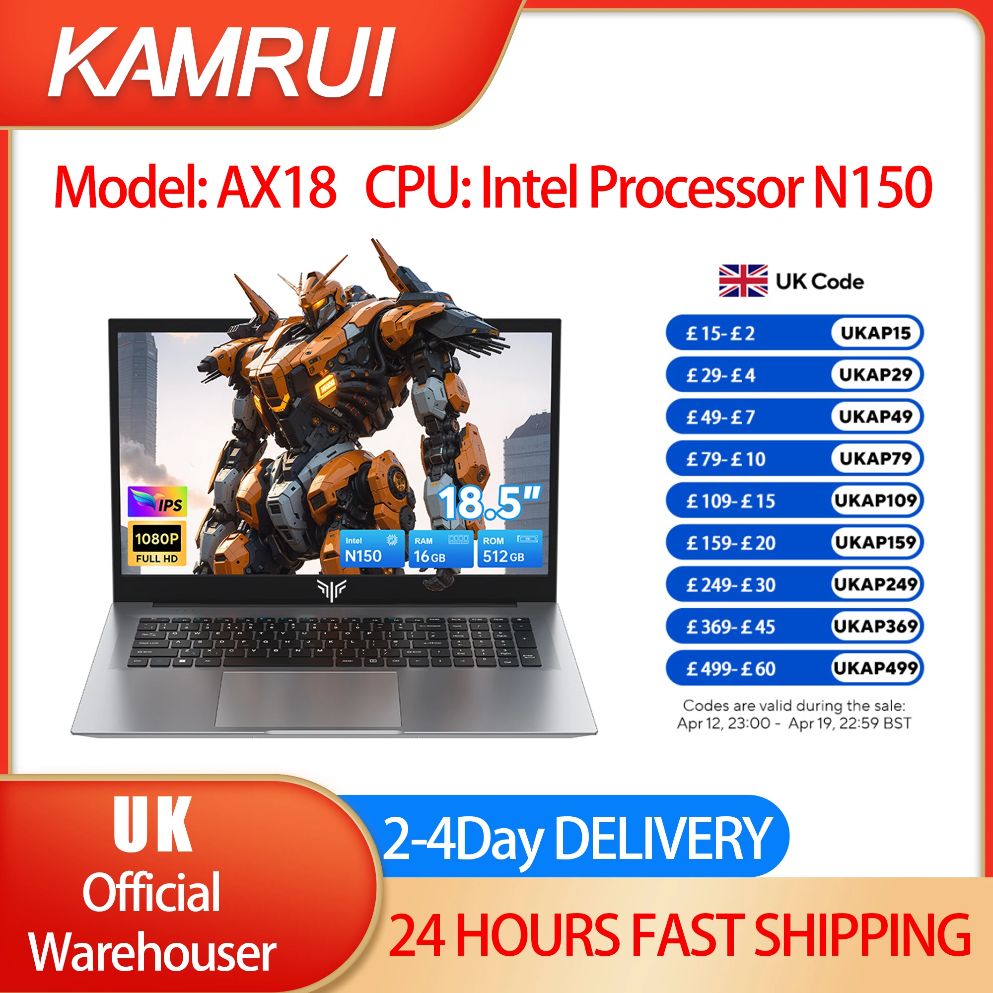 KAMRUI 18.5"Laptop Computer Windows 11 PRO 8000 mAh Battery Intel N150 Quad-Core Processor 16GB DDR4 RAM 512GB SSD Wifi5