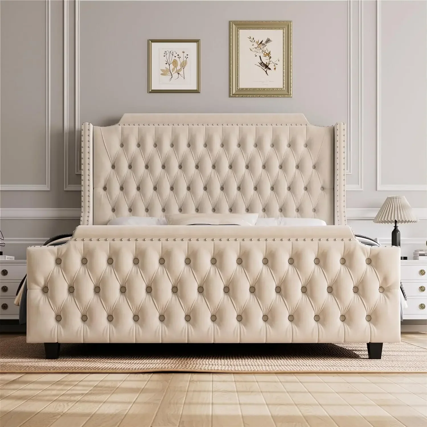 Plataforma cama Frame com alta Wingback cabeceira e botão profundo, footboard adornado, veludo estofados cama Frame com Handmade pregas, 54"