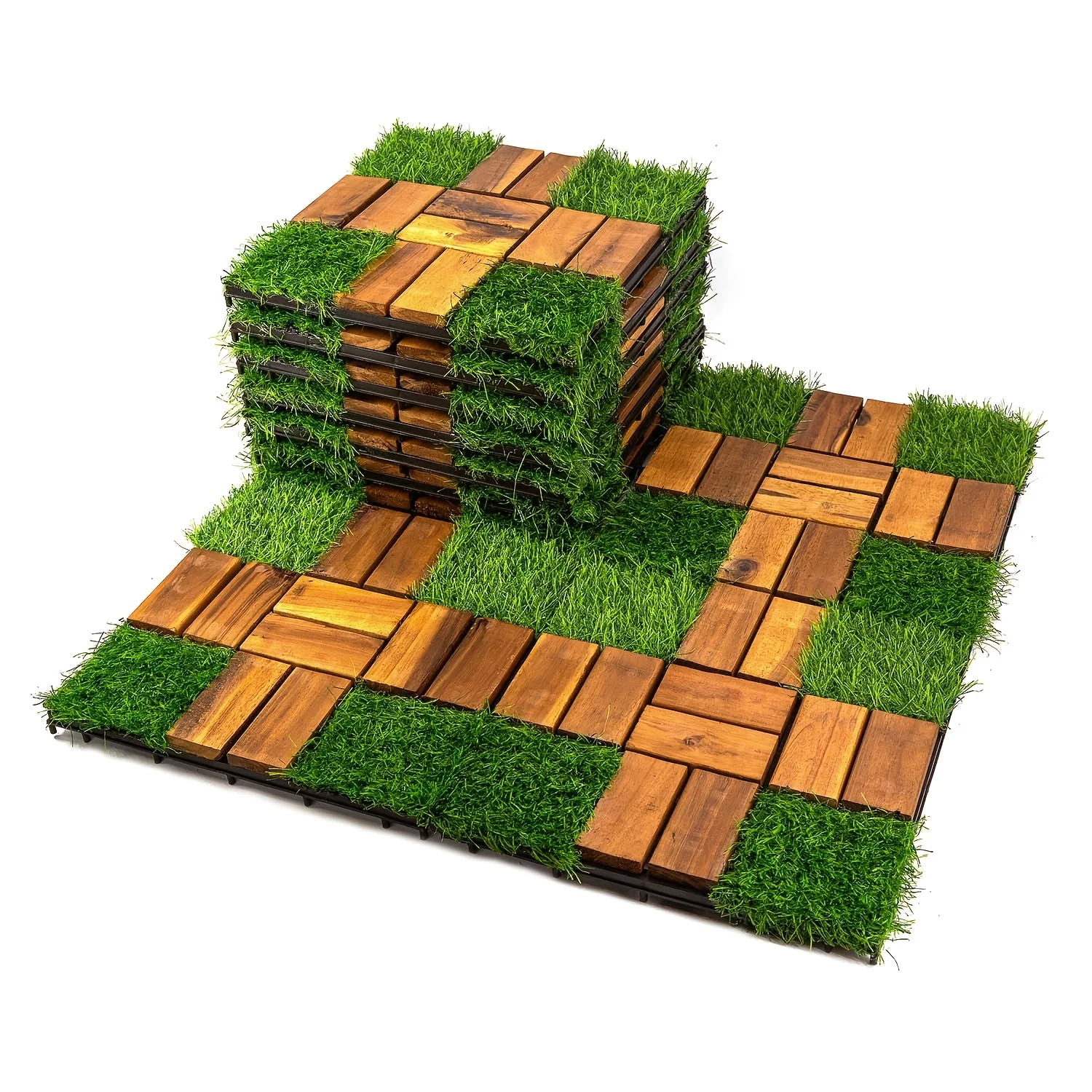 

10pcs/30pcs, 12inch X 12inch, Acacia Wood Interlocking Floor, Tile Grass Deck Tiles, Green, for Yard, Balcony, Backyard