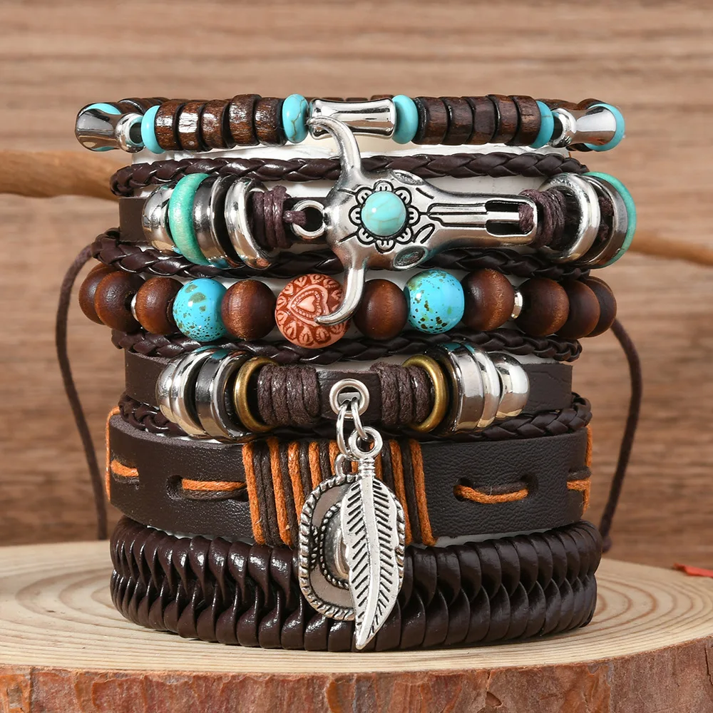 Vintage Feder Casual 6 Teil/satz Baum Handgemachte Männer Armbänder Männliche Frauen Leder Armbänder Männer Armreif Großhandel Schmuck Geschenk – Detail 6