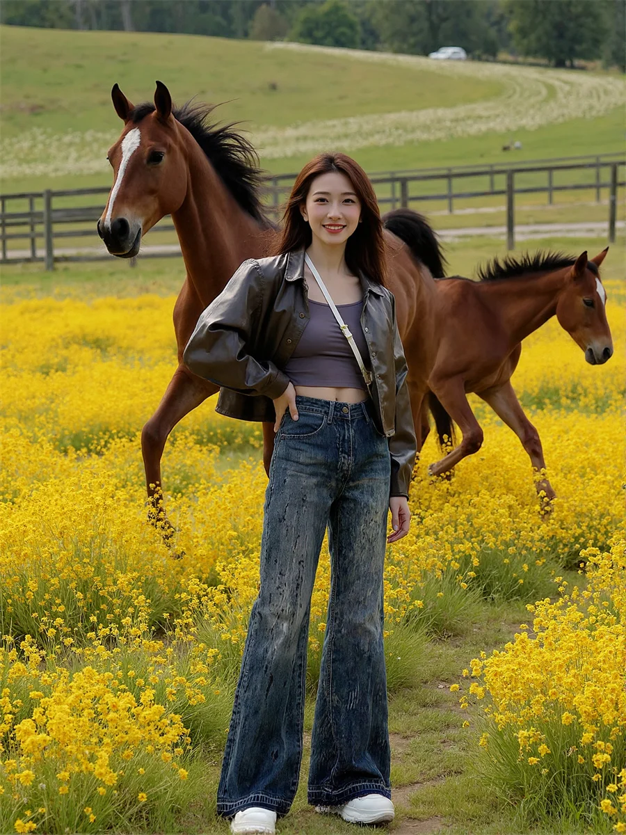 Pantaloni jeans svasati effetto consumato per donna Denim Abbigliamento donna Primavera Anti-caduta con fascia Harujuku Pantaloni da arrampicata all'aperto All-Match