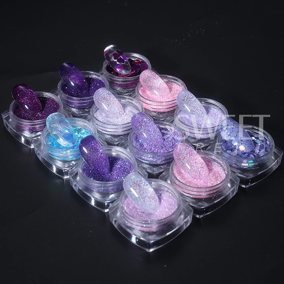 12 قطعة سلسلة الأرجواني الوردي مسمار بريق المجسم مختلط تألق السكر مسحوق الأظافر القلب مسدس رقائق لامعة مانيكير ديكور #5