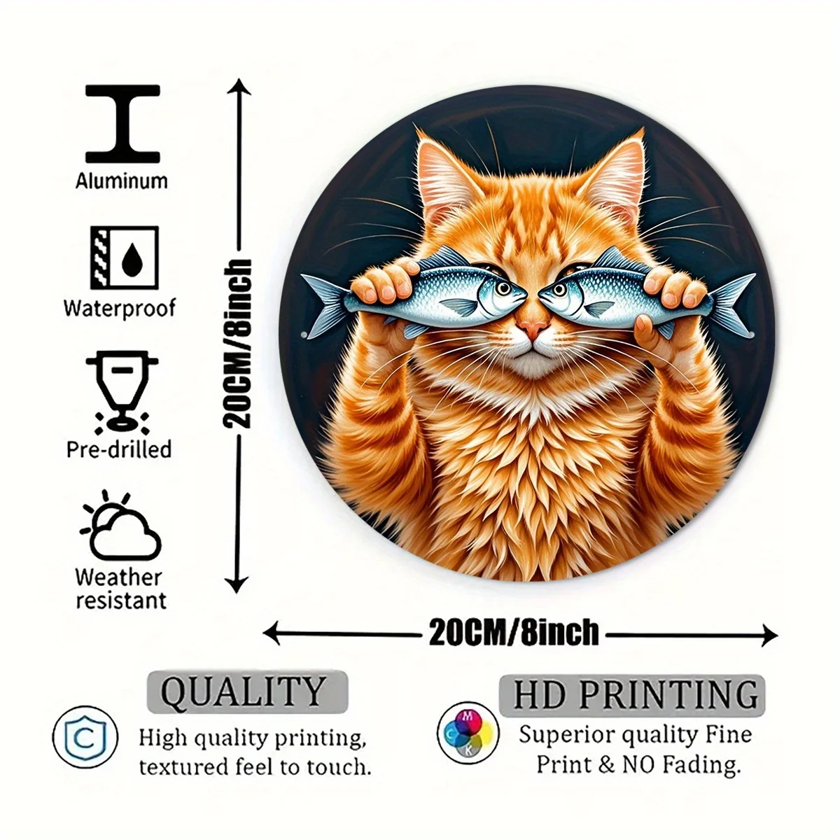 2D Flat, 1pc Vintage Cat with Two Fish Aluminum Wall Art Sign - 8X8 Inch (20X20Cm) Orange Tabby Cat Peeking Through Fish Eyes, B