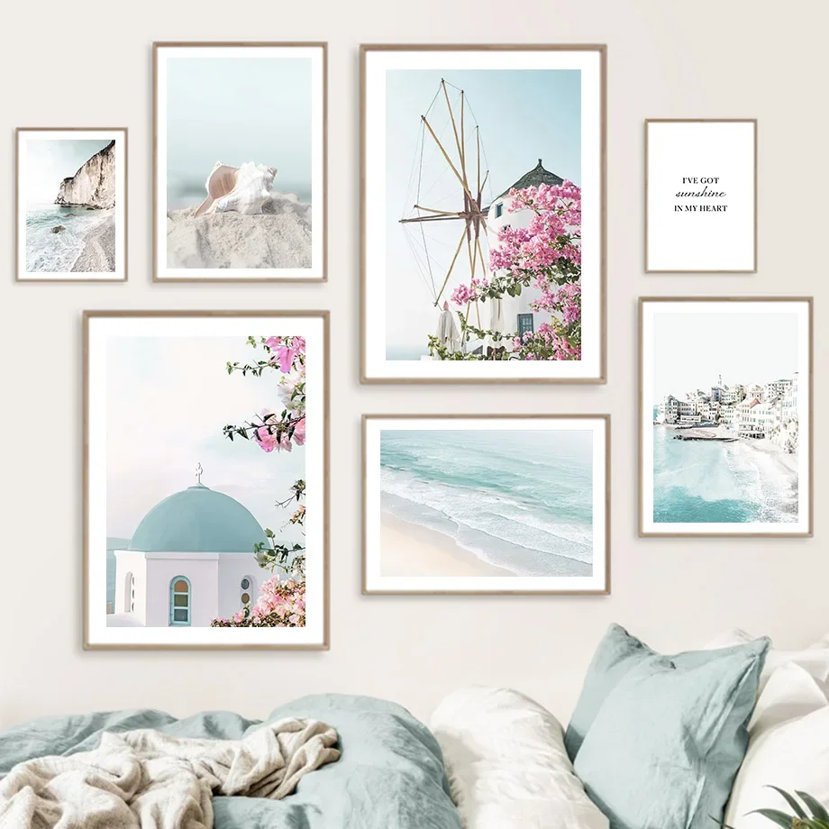 Wall Art Canvas Painting Santorini Beach Flower Landscape Sea Natural Posters And Prints Wall Picture For Living Room Home Decor