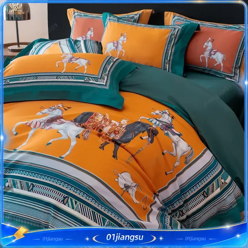 1000TC Egyptian Cotton Bedding Set Luxury Horse Print Duvet Cover Flat Fitted Sheet Pillowcases 4Pcs European Style Home