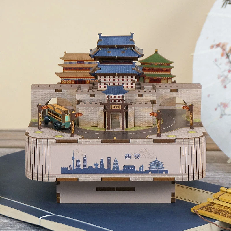 DIY 3D Wooden Chinese Ancient Town Music Box Miniature Model Kits Jigsaw Puzzles With Light Can Move for Friend Birthday Gifts