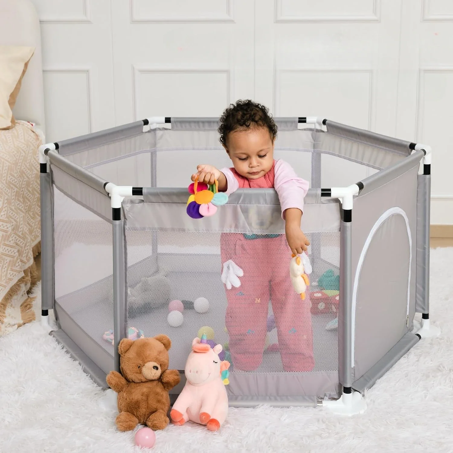 Portable Baby Playpen for Babies Toddlers Safety Baby Fence with Breathable Mesh Pull Tabs Indoor Outdoor Kids Activity Center