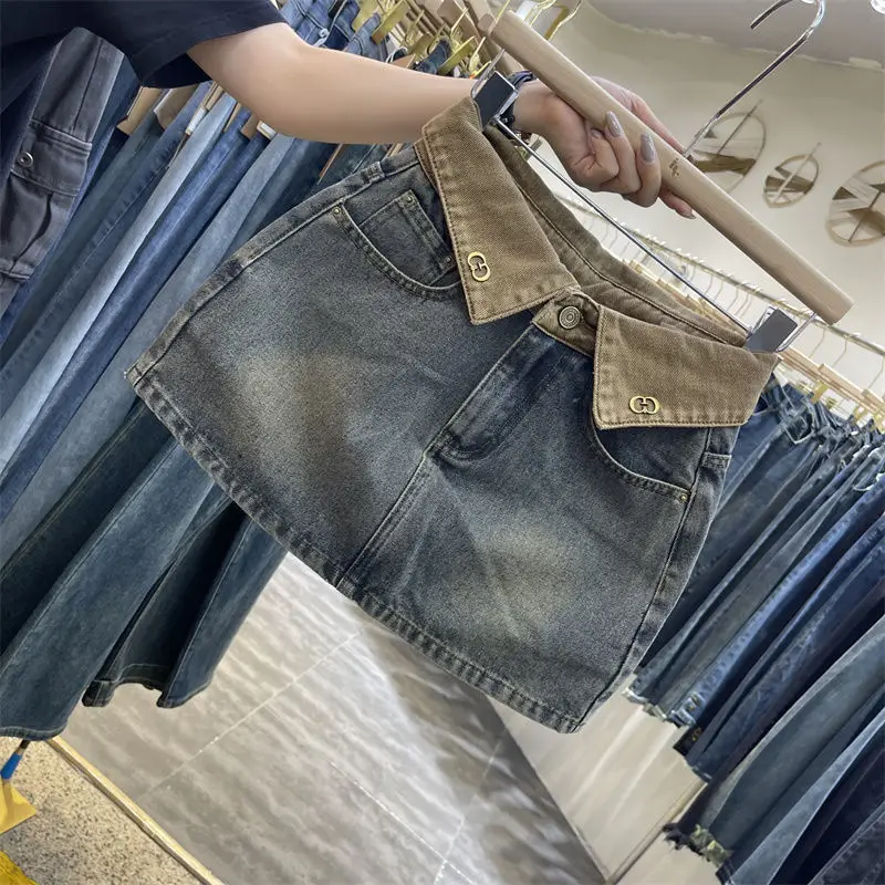 Color Blocking Denim Skirt for Women Retro High Waisted Blue Hip Hugging Short Skirt 2026 New Summer Anti Glare Half Dress