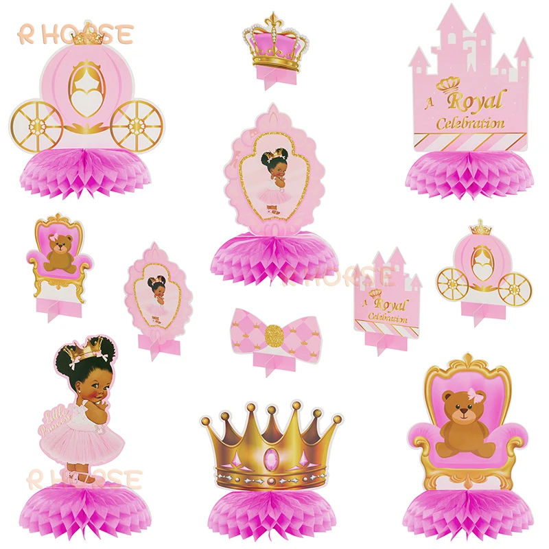 Centre de Table en forme de couronne pour petites filles, 12 pièces, thème africain et américain, nid d'abeille rose Royal, décoration de fête, révélation du genre