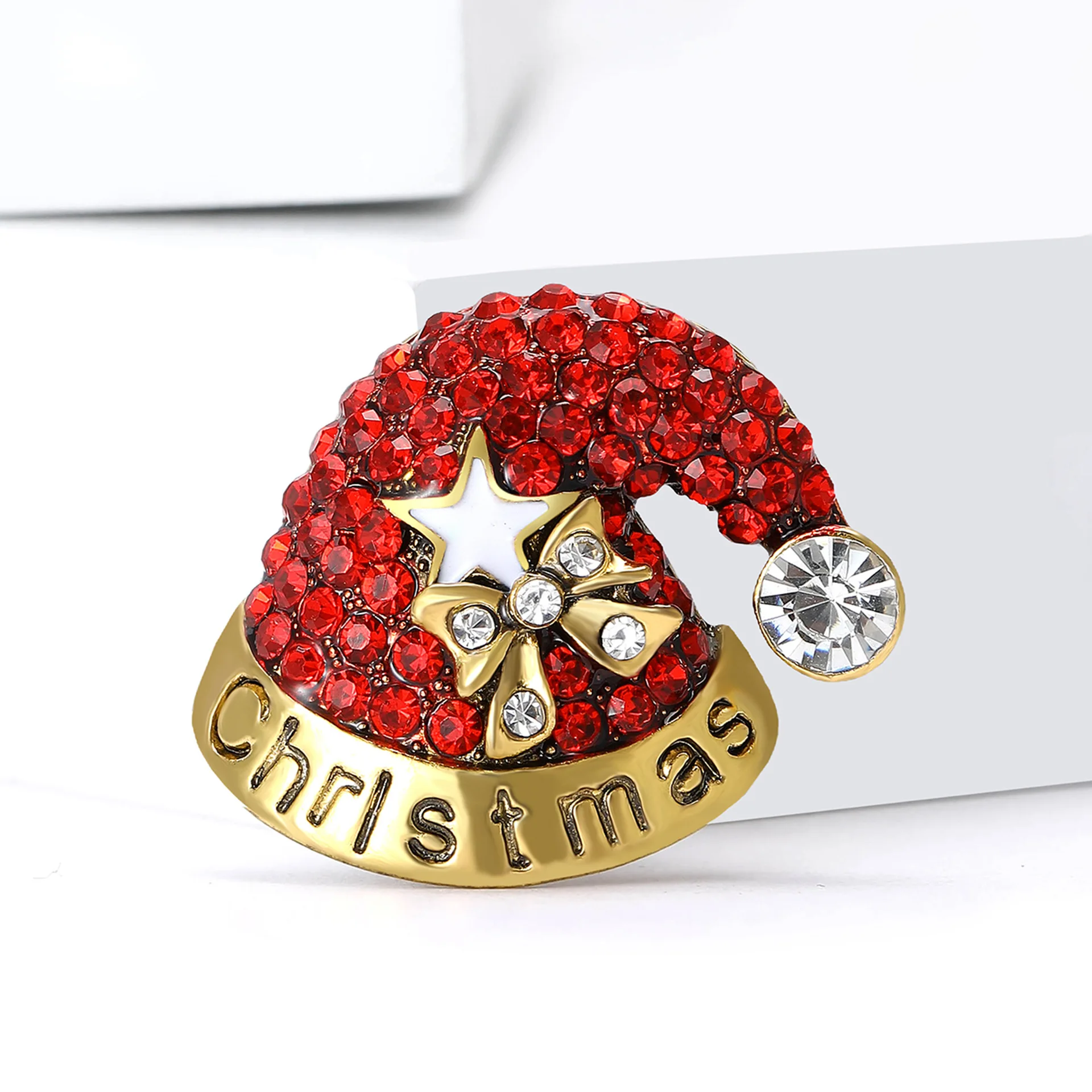 Red Rhinestone Christmas Hat Brooch Star Bow Letter Christmas Enamel Lapel Pin Xmas Holiday Decoration Craft Gift for Men Women