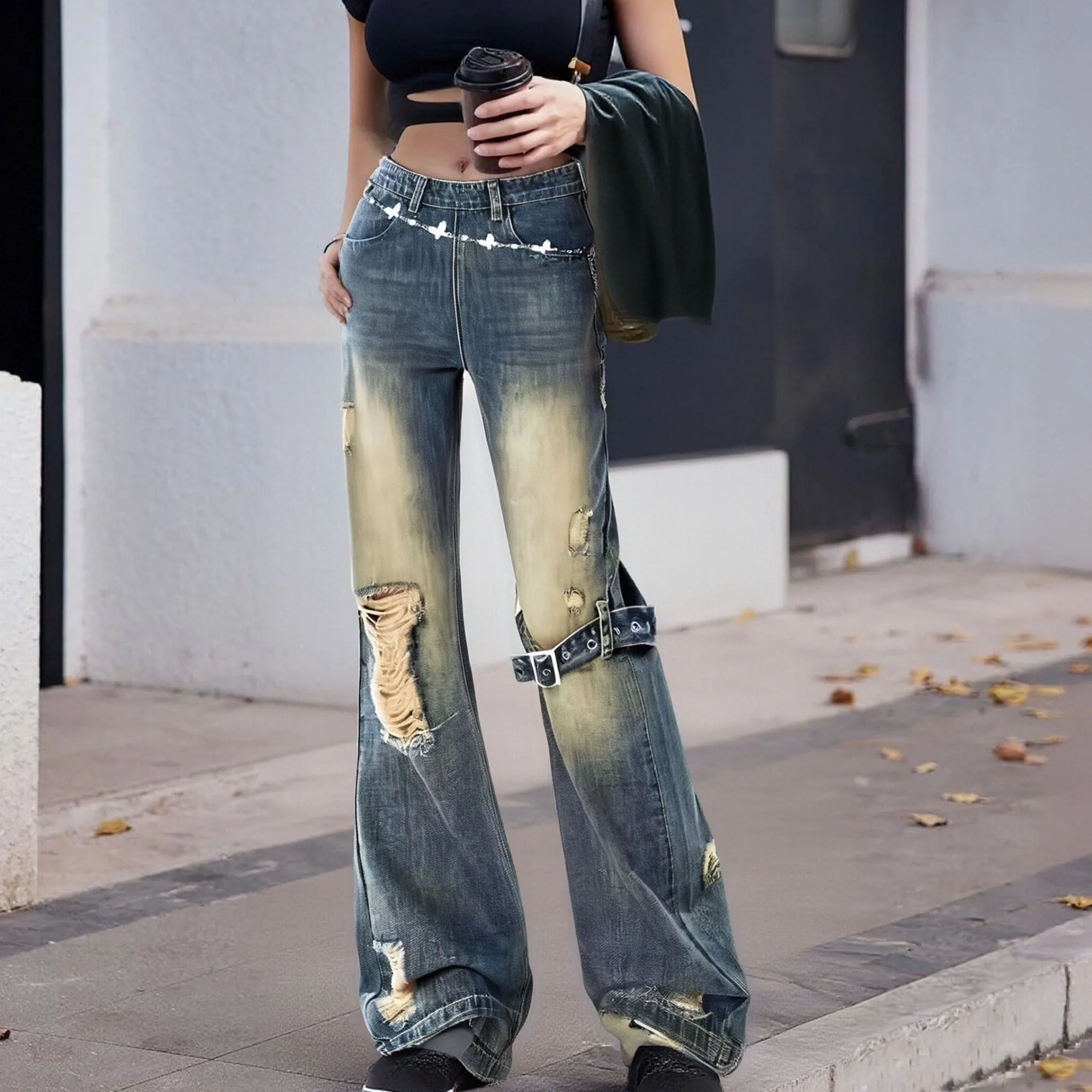 Damskie jeansy vintage w kolorze niebieskim, luźne, z dziurami, w stylu Y2k, japońskie, z lat 2000., lat 90., Harajuku, dżinsowe spodnie, streetwear, estetyczne spodnie, ubrania w stylu trashy.