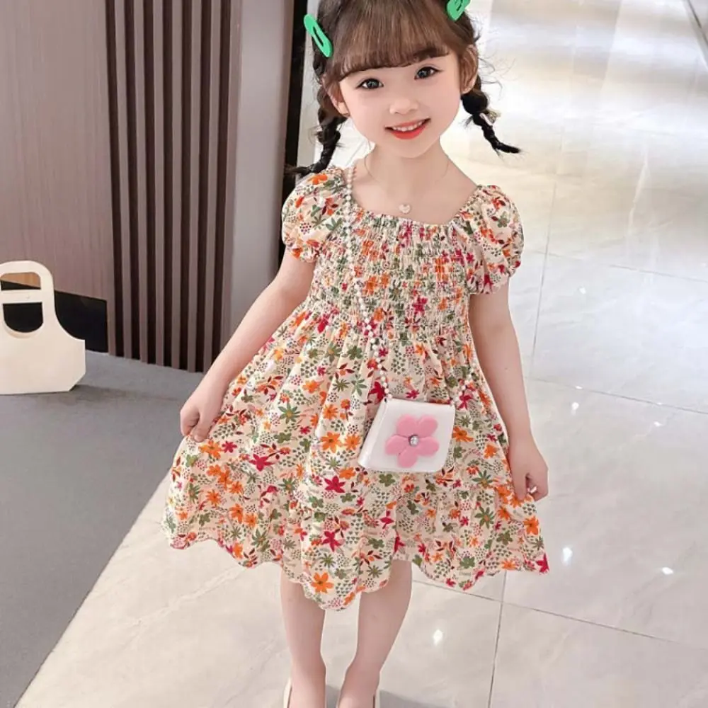 

Fashion Puff Sleeve Girls Floral Dress Square Neck Loose Summer Kids Dresses Flower Pleated Children Princess Dress Party