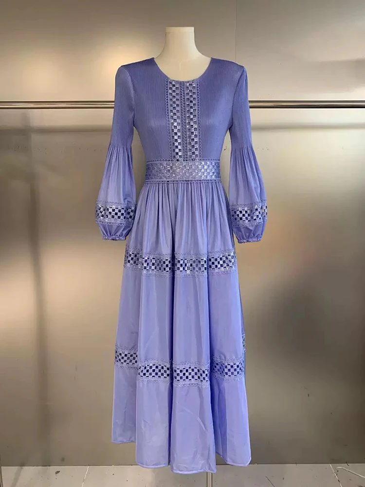 

Autumn 2025 New Miyake Pleated Dress High Elastic Fashion O-Neck Lantern Sleeve Confortable Slim Fit Women's Party Dresses