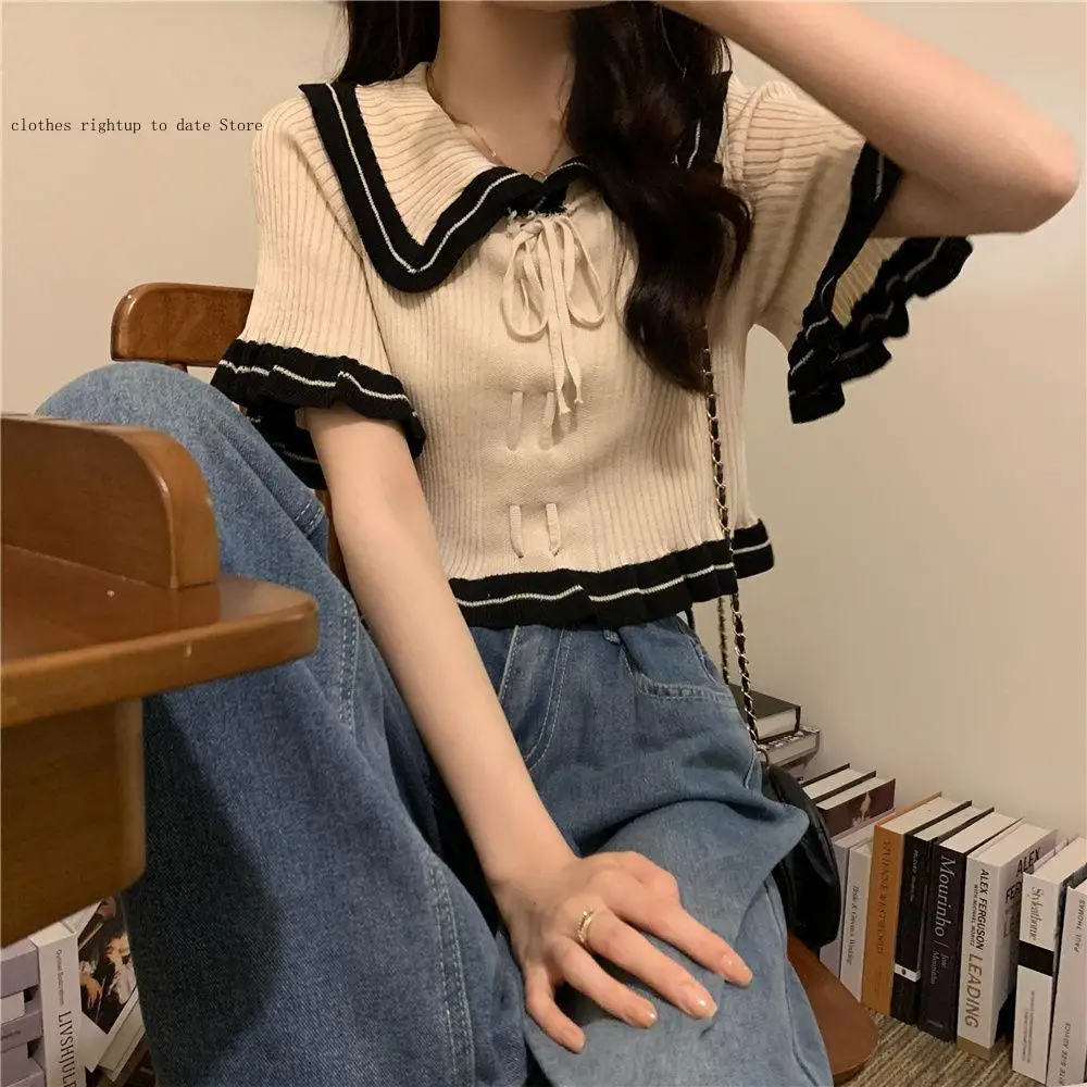 Design Sense Niche Ruffle Edge Doll Neck Knitted Shirt Short Sleeved T-Shirt Women's Summer Unique French Short Style