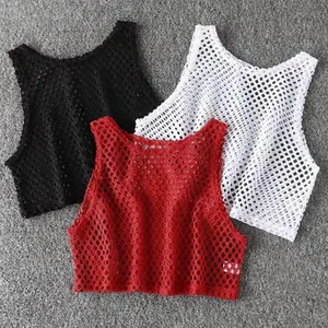 Sexy Black/Red Hollow Out Crop Top 2024 Mesh T-shirt Female Loose Fashion Summer Basic Tops For Women Fishnet Shirt