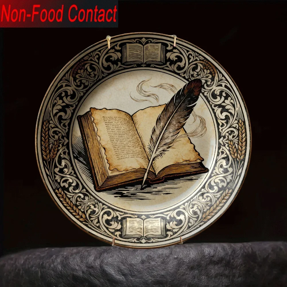 1pc Vintage Book & Feather Quill Pen Ceramic Decorative Plate - Ornate Black & Golden Round Non- Serving Tray, Bookend for