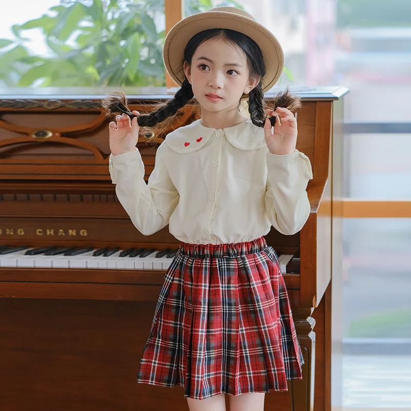 

2025 Early Spring Autumn Junior Girl Clothing Set Teenager Girl Lapel Undershirt+Plaid Pleated Skirt Sets For Children Girls